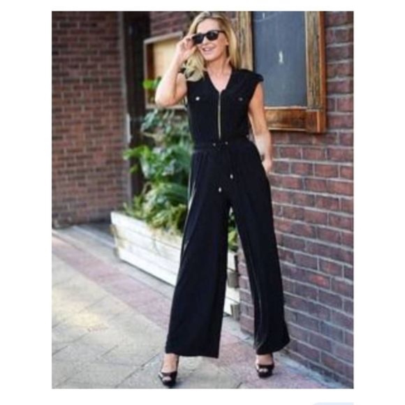 NWT Emma & Michele Zip front Black wide leg Sleeveless jumpsuit M - Picture 3 of 17